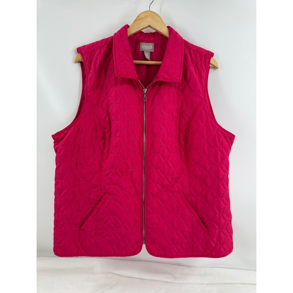 Chico's Puffer Vest Size 3 XL Pink Quilted Full Zip Sleeveless Pockets XL